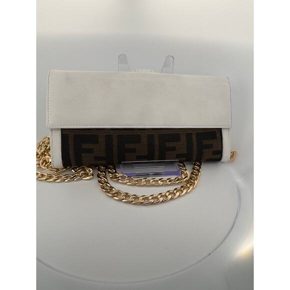 Fendi Zucca Canvas and White Leather Wallet Crossbody with Gold Chain - Picture 5 of 5